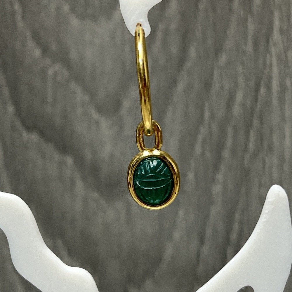 Gold Tone Hoop Earrings with Green Carved Scarab Beetle Dangle Charm